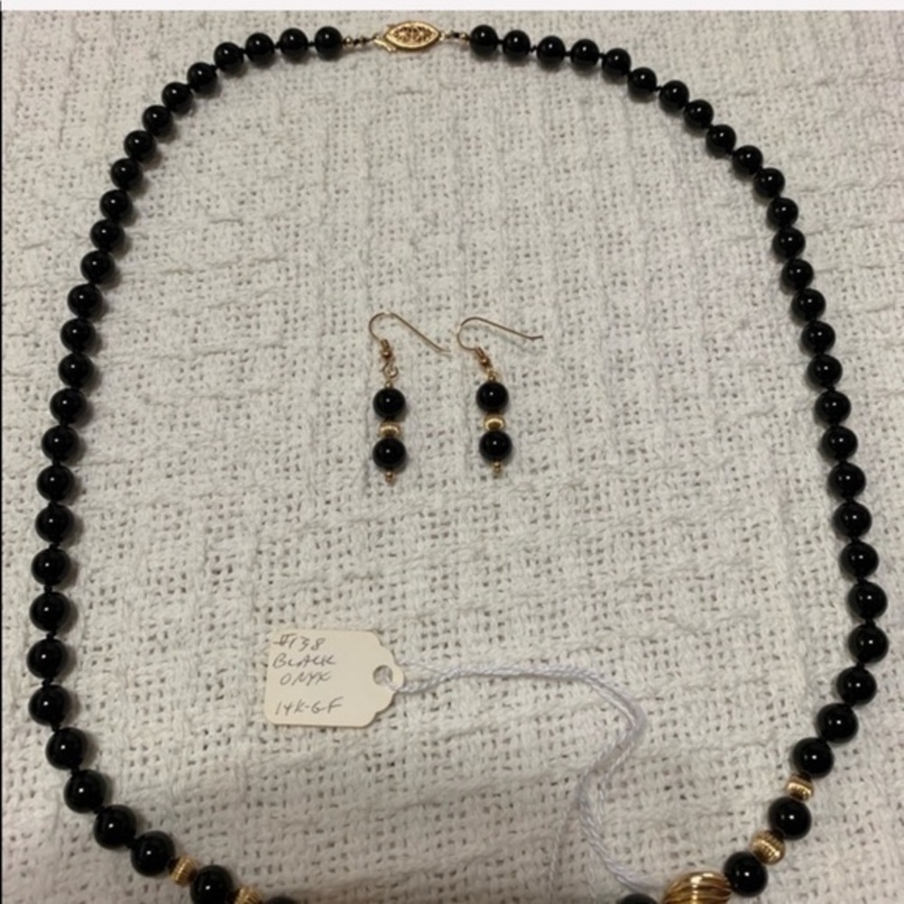 Handmade Black Onyx 14KT Gold Filled Necklace and Earrings Set NWT